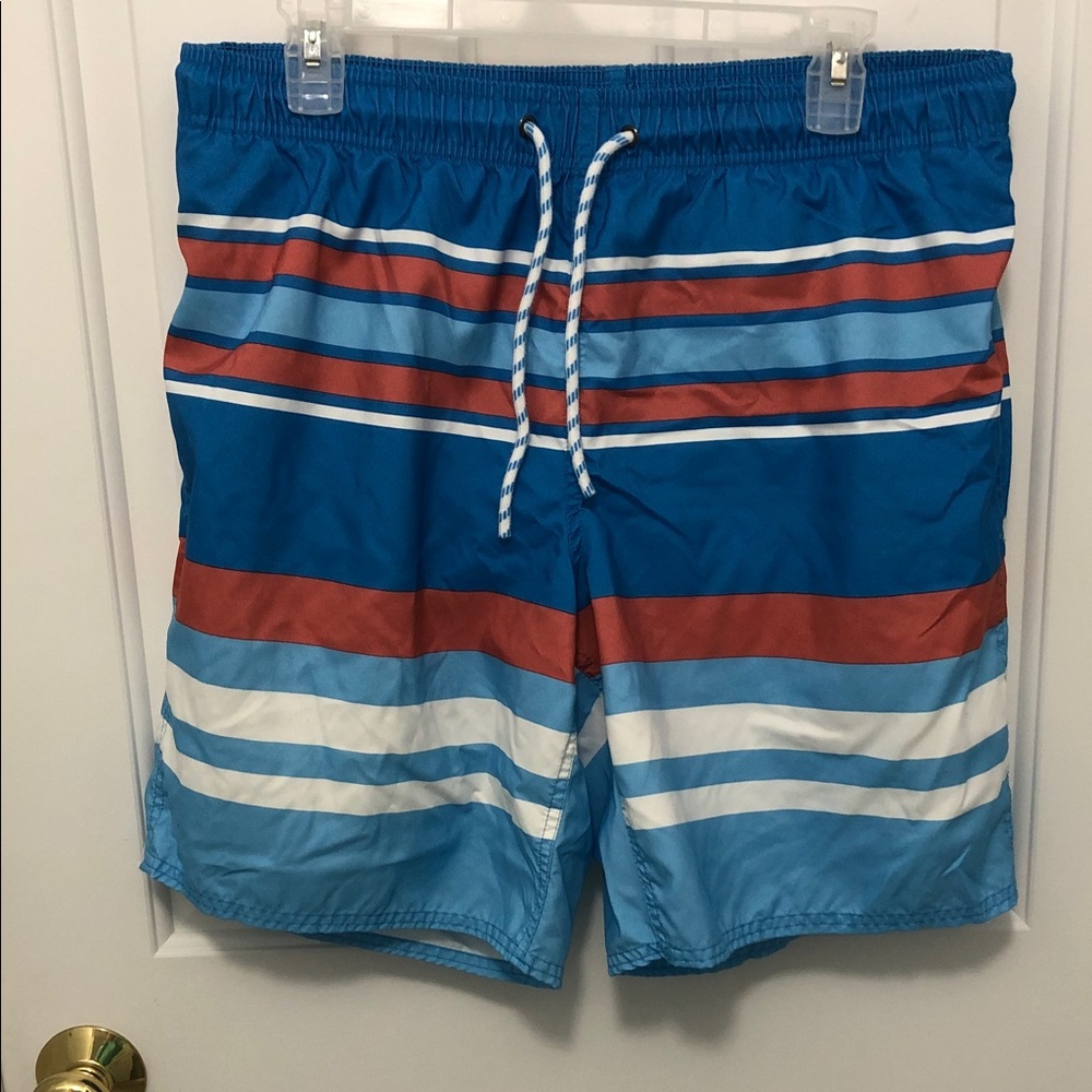 St. John's Bay Blue, Red & White Striped Swim Shorts